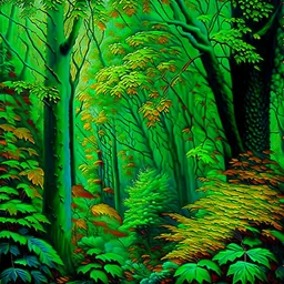 Bosque selva árboles hojas verdes colores complementarios arte digital hiperdetallado pintura al óleo renacentista obra de arte