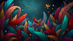 A vibrant and fantastical scene featuring a red bird perched amidst a dense, abstract forest of colorful feathers and foliage. The background is dark and moody, with a sense of mystery and depth. The overall style is highly stylized and imaginative, creating a dreamlike and surreal atmosphere