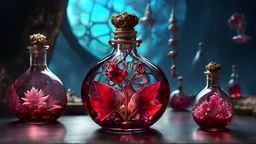 Small filigree glass bottle filled with bismuth and crimson alien flora in the alchemical laboratory, Fantasy theme