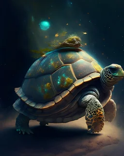 A wise and ancient tortoise, carrying a lush, miniature world on its back as it slowly traverses the cosmos, symbolizing longevity and the interconnectedness of life.