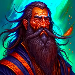 dnd, fantasy, wizard, portrait, face, close up, long beard, black hair, angular features, exotic features, long, slender