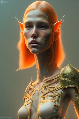 painting of a tall elven young woman with short light orange hair and freckles on the cheak bones and tall body of a topmodel light clothes, full body, ultra realistic, concept art, intricate details, eerie, highly detailed, photorealistic, octane render, 8 k, unreal engine. art by artgerm and greg rutkowski and charlie bowater and magali villeneuve and alphonse mucha