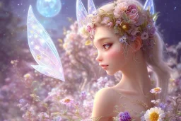 one very little beautiful fairy on a big crystal subtle flower in a galactic ambiance, transparent petals, delicate colors, in the foreground, full of details, smooth, bright sunshine，soft light atmosphere, light effect，vaporwave colorful, concept art, smooth, extremely sharp detail, finely tuned detail, ultra high definition, 8 k, unreal engine 5, ultra sharp focus