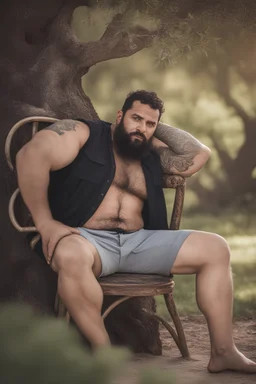 half figure shot photography of a marocan ugly dirty burly muscular chubby farmer 36 years old, bullneck, strong arms, big belly, manly chest, very sweat, short beard, tattoo, curly hair , short bulging pants, open legs sitting on a chair under an olive tree , big tights, barefoot, ambient occlusion, hyper detailed photography, photorealistic, 35mm lens, side light, frontal view from below, natural colors