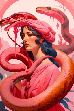 Abstrack surrealist styl a woman and and a super realistic pink snake surrounding it, art nouveau, style