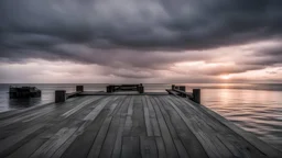 Dramatic jetty before cloudy stormy sunrise
