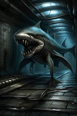 urban humanoid bipedal muscular brutish half-shark thresher shark in a sewer digital art