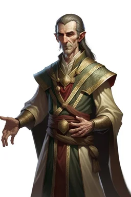 d&d high elf male in his fifties wearing medieval tunic with hands behind his back