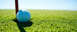 macro photo of a golf green, golf ball with shadow next to the hole(circular), ground is short groomed green grass, clear blue sky, add texture and depth, realism