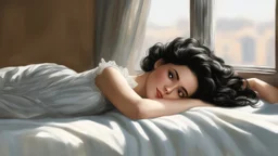 Nancy college girl lies sprawled on her bed with a haughty, mocking air, chest down, chin resting on her hand, gazing lazily out the window like life itself has bored her to death. Her dark hair in sauerkraut hairdo, faintly glinting in the sunlight peeking through the curtains. A delicate silver hairpin perches on one side, almost ironic given her usual devil-may-care vibe. Her violet eyes, half-lidded with indifference, slowly drift toward you — expressionless, flat —