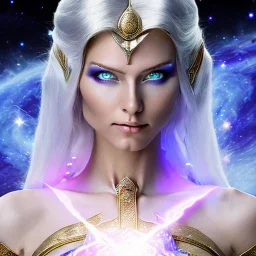 cosmic mage, elf, female, battle mage, epic, cosmic magic, long ears, white hair, face details, pale skin, jewellery, broad shoulders, glowing eyes, sharp ears, cosmic clothes, bright eyes, cosmic eyes, ears shown, light out of eyes, the cosmos in eyes, stars in eyes, shining eyes, small jaw