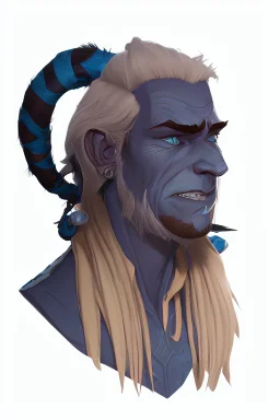 A tieffelin with blue skin and white Dreadlock hair. His pupil-less eyes are green. He wears a small beard.