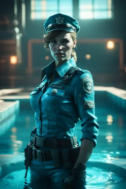 police woman in cyan pool in fallout 4 setting, bokeh, downlight, prize winning, depth of field, in the style of ivo caprino, backlight, aura