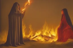 Cloaked priestess observing a fire intently, religious