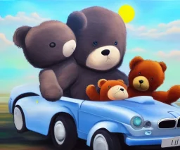 little boy and big teddy bears on moon. drifting in old bmw. oil on canvas