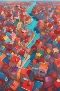 flying over a brightly colored town in red shoes