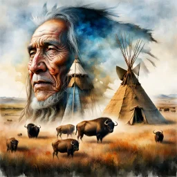 The old Cherokee man of the Great Plains, double exposure Cherokee mans face formed by a Teepee in a grass plains with Buffalo, watercolor by Jean-Baptiste Monge and Yossi Kotler, Modifiers: sharp focus extremely detailed intricate oil on canvas portrait hyperrealistic high definition crisp quality