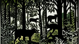 A black jungle with shadow wolves designed in Bayeux tapestry painted by Henri Matisse