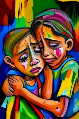 a girl hug her brother and both crying sadly, expressionism, Pixar style, in abstract art Basquiat, Picasso, Miro, Kandinsky, Klee, Birell, Fairey, Ardon, Buffet and Picasso style, HD --s 750 --v 5.1 --style raw, water color