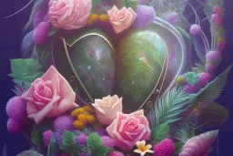 Tropical flowers, realistic heart drawing, crystals, tropical leaves, sacred altar, Fantasy home, cute animal.