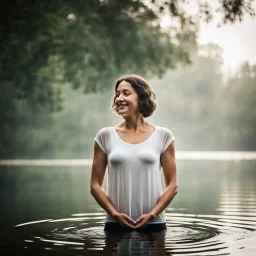 photography of a beautiful and happy woman, standing in lake water, eyes closed, meditation, white top, yoga flyer, brunette short wavy bob haircut, serenity, misty, relaxing image, white misty colors, foggy sunlight, high key