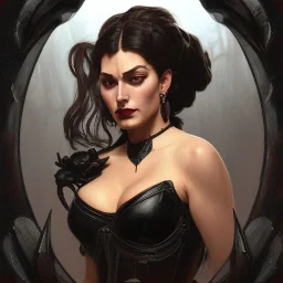 painted portrait of evil witch in black leather, angry, strong, volouptous, chesty, cleavage, intricate, elegant, highly detailed, digital painting, artstation, concept art, smooth, sharp focus, illustration, art by gaston bussiere and alphonse mucha