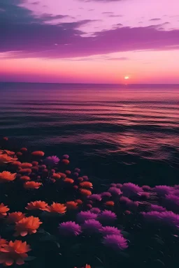 aesthetic, sunset, flowers, sea, purple