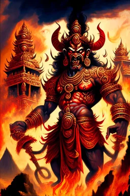 Behold the formidable and fearsome Ravana a malevolent rakshasa of the highest order reigning supreme over the mystical and enigmatic isle of Lanka with his numerous diabolical heads, looming over the fiery and chaotic landscape, the scene is depicted in a digital painting with intricate details inspired by hindu mythology and art style of raja ravi varma, with sharp focus and warm lighting, additional reference artists include sanjay patel, abhishek singh, and tracie ching. trending on artstati