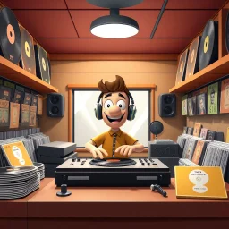 3-d render cartoonish classic inside a dj vinyl record shop record store