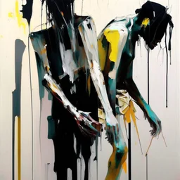 Minimal contemporary abstract flat figurative painting.. Big brushstrokes. Twisted fragments of bodies. Drips of paint. style of Justin Mortimer and Adrian Ghenie. Triadic colour