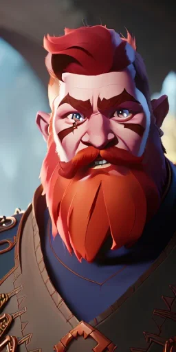 A high detail, high definition dungeons and dragons character design of a short dwarf male warrior who has a strong build, a thick ginger beard, long ginger hair, and wearing metal plated armor with pauldrons