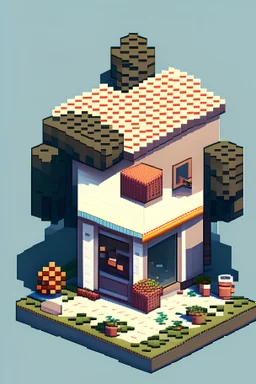 Isometric clean pixel art image of outside of cute design studio