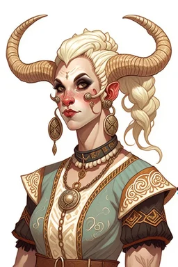 A teenaged tiefling woman with white blonde hair, pointy ears, a set of ram horns and another set of gazelle horns, fancy clothes,