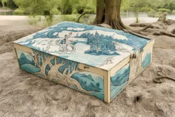 a box for storing things with beautiful drawings on it, sea, trees,