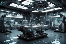 dark laboratory in an urban futuristic room In the middle there is a large rectangular operating table with a transparent dome