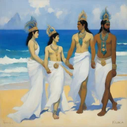[art by Kupka] The term "Fuku" refers to fortune or good luck. "Shiva" refers to the Hindu deity who represents strongly polar qualities, both severe and delicate. On a beach inspired by adventures on Phi Phi island in Thailand, three youths cavort. Two are representational figures and the third is psychologically rendered. A dynamic relationship ensues between the triad; a reciprocity of active and passive states