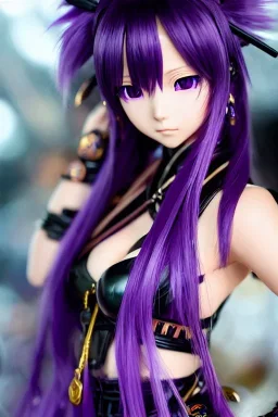 Detailed cute anime Kunoichi girl, purple hair buns, purple bangs, black latex bodysuit, intricate details, full body portrait, keep head in frame, slight smile, black Japanese motif, concept art, highly detailed, digital painting, concept art, sharp focus, illustration, art by Yoji Shinkawa, WLOP and greg rutkowski and alphonse mucha and artgerm and yanjun Chen and Junji ito and Makoto Shinkai, HDR, octane render