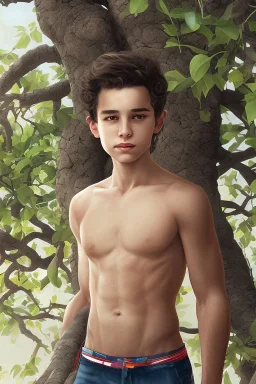 beautiful 12 year old arabic boy with long, curly hair and light blue eyes, smiling, shirtless, in front of a distant mango tree