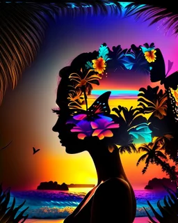 Stunning conceptual beach scene illustration in the silhouette of a woman's face. Beach with vibrant colors, sunset sky and coast with palm trees. Cinematic black background, looks like a window to a tropical paradise.12k 3D HD hyper-realistic Image quality CodeFormer AI 12K, cute flower fairy with bright wings like morning dew, flutters from flower to flower. Hair in curls, adorned with petals and pollen, mysterious phoenix woman, her silhouette made with interconnected and integrated elements