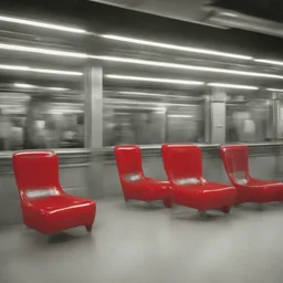 Chaises en plastique rouge sur le quai du métro