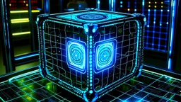 Cube tesseract from movie Loki. Tesseract should not be cropped. Located strictly in the middle of picture with navy blue/green glow inside tesseract. Without surface/table on which it stay.