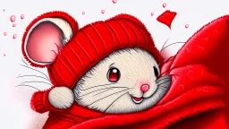 fantasy cartoon style illustration: red mitten with a little cute mouse peeking out