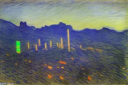 Night, cyberpunk buildings in the mountains, tendency to claude monet, tendency to science fiction, impressionism painting