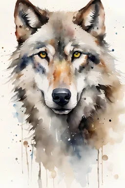 Masterpiece, best quality, watercolor painting, Dean Crouser style, portrait of an wolf, white background with some splatters, rule of thirds