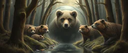 in the magical mirror forest we get a strange portrait and you enter the strangest bubble doorway to weird dimension and the aura of its heavenly fluffy elevated messed up woodland lynx bear beaver creatures flock painted by Nerdrum and Rembrandt