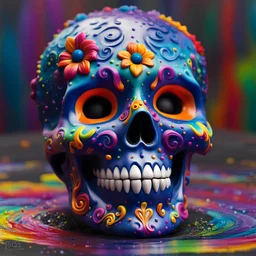 ((melting mexican day of the dead sugar skull)), covered in acrylic paint, colourful drizzle, fluid form, glossy texture, Pixar 3D animation style, plasma punk, ((Ritualistic, hand painted art)) iconic, CGI, Photorealistic cg, digital painting, conceptual, depth of field, pop surrealism, vibrant, enegetic, Guillermo Del Toro, detailed, stylish and visually expressive, soft lighting, smooth surface, surreal art, recursive ray tracing, rim lighting, cgsociety, Maya, Houdini VFX, Octane render, 4K