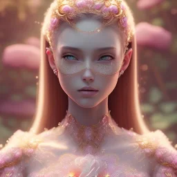 crystal rose beautiful girl smile,utra realistic,highly detailed, gold, pink, jewels, lace, masterpiece, delicate detailed, sharp focus, insanely detailed, fantasy art, intricate detailed, elegant, fog, Special Lighting, Vibrant, color Scheme, forest, unreal engine 5, trending on artstation