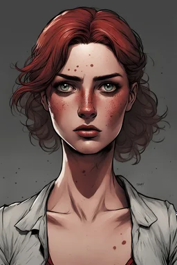 Female character, French Female, Art Style of Josh Taylor Black Powder Red Earth, comic book style, freckles, dark circles under eyes, tired eyes, tired expression, comic art style, strong female, full body shot, dead eyes, dead eyes