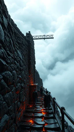 Fire under narrow black stone path above the ground gradually getting higher into the clouds no railings, dangerous drop people in black leathers medievil period weather is wet spiraling into the clouds fantasy,