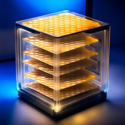 a futuristic translucent neurocube, inside the cube there are partitions made of honeycomb plates